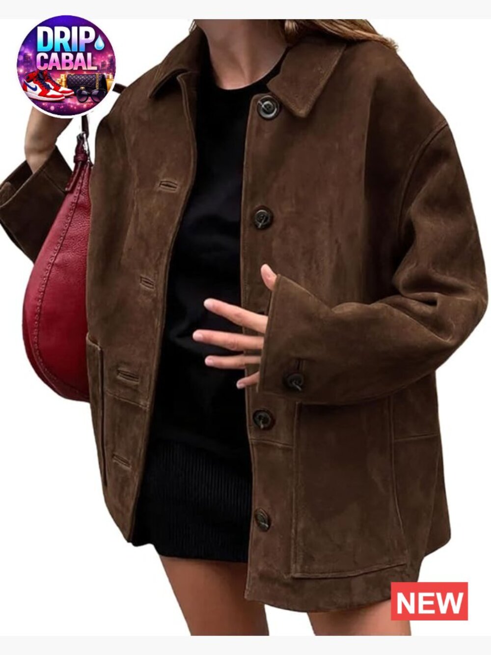 Women's Faux Suede Leather Button Down Shacket Midi Long Coat - Picture 1 of 5